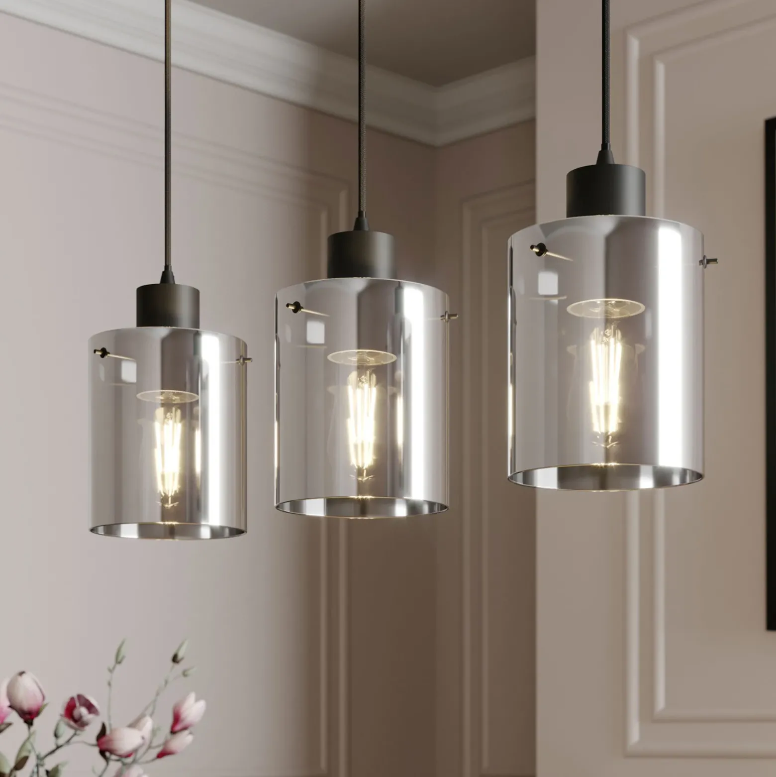 Lámpara colgante Kourtney de Lindby, 3 luces, negro/gris, cristal, E27