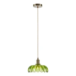 Lámpara colgante Kurage, latón antiguo/verde, cristal, Ø 26 cm, E27