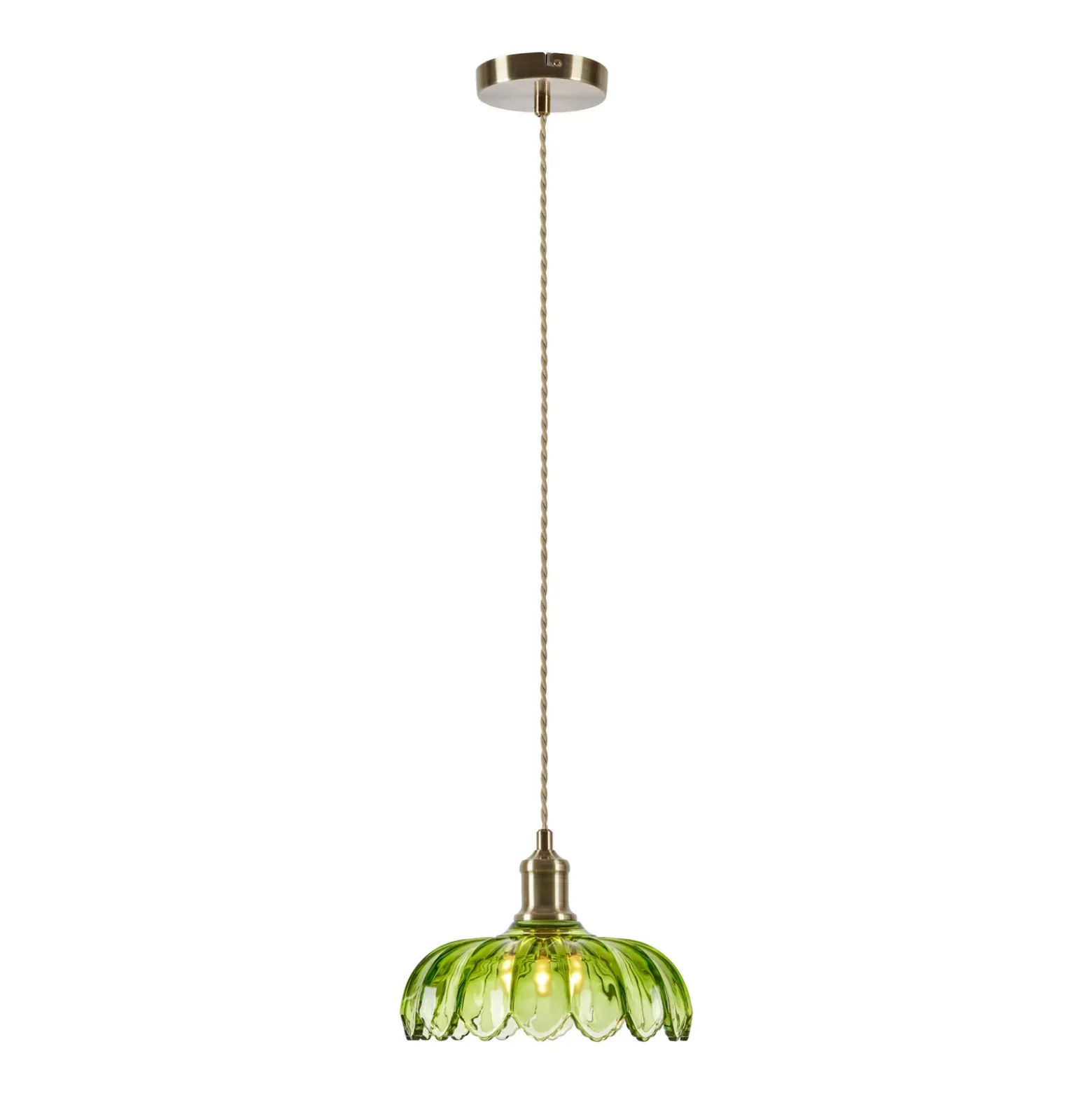 Lámpara colgante Kurage, latón antiguo/verde, cristal, Ø 26 cm, E27