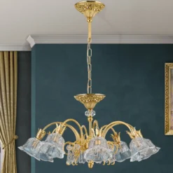 Lámpara colgante La Boheme, dorada, 8 luces, cristal