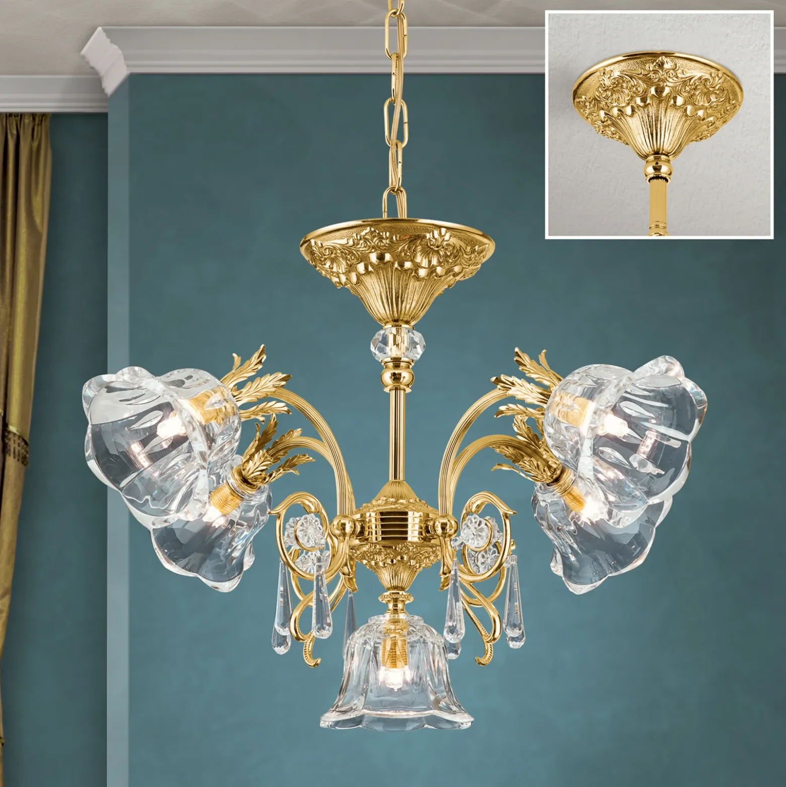 Lámpara colgante La Boheme, dorada, 5 luces, cristal