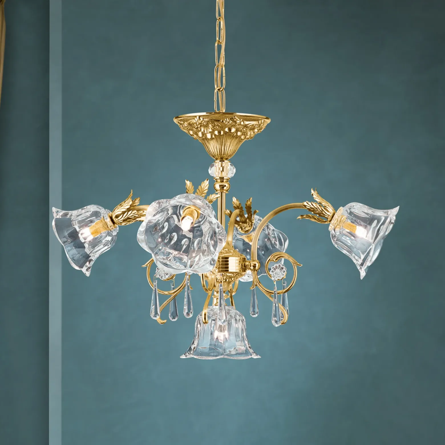 Lámpara colgante La Boheme, dorada, 5 luces, cristal