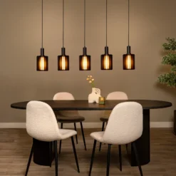 Lámpara colgante Lambres, negra, longitud 164 cm, cristal/metal, 5 luces.