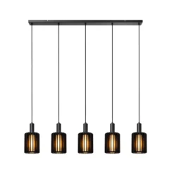 Lámpara colgante Lambres, negra, longitud 164 cm, cristal/metal, 5 luces.