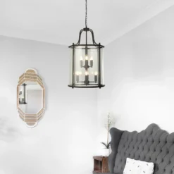 Lámpara colgante Lantern Grande, negra/clara, cristal, E14