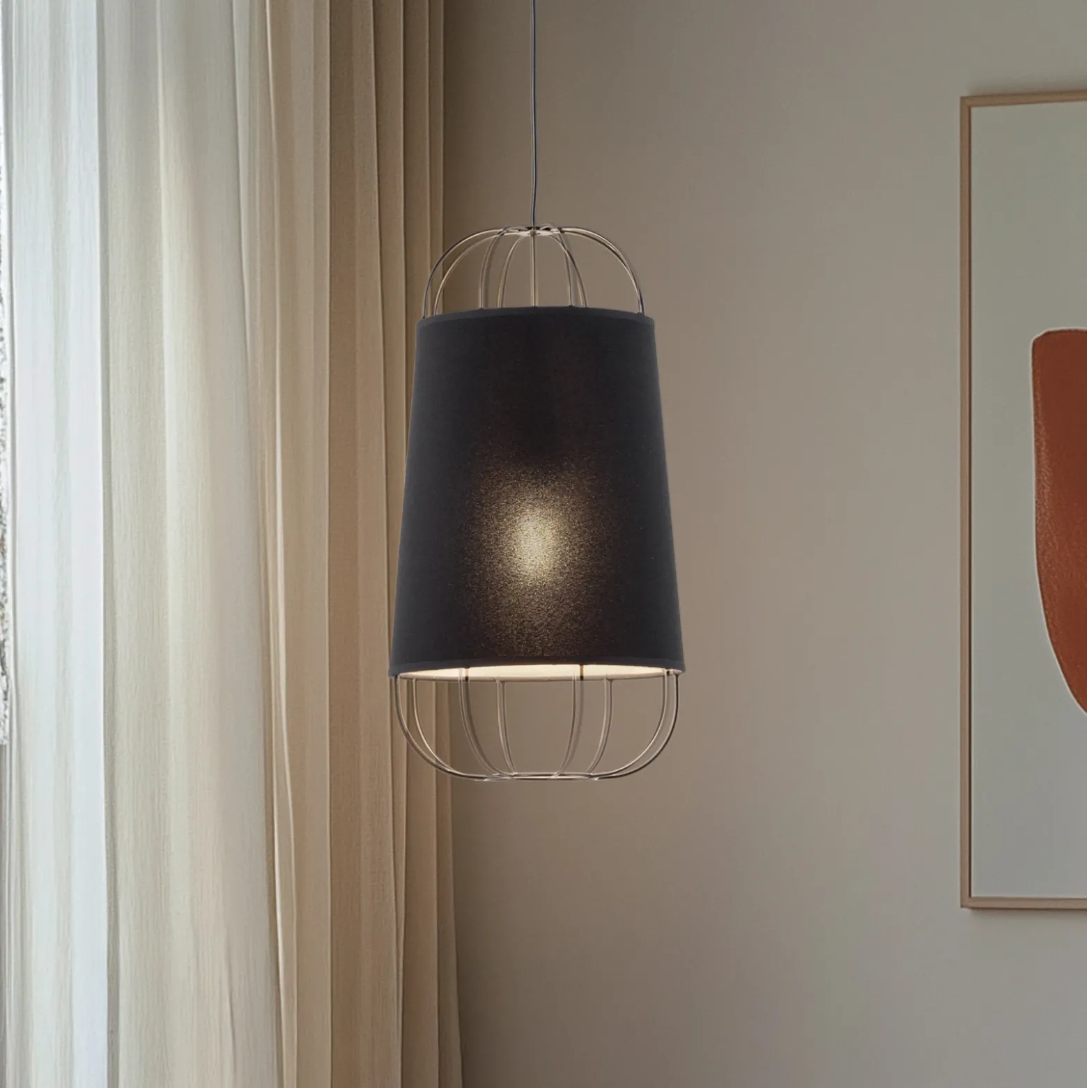 Lámpara colgante Lantern pequeña, textil, metal, negro