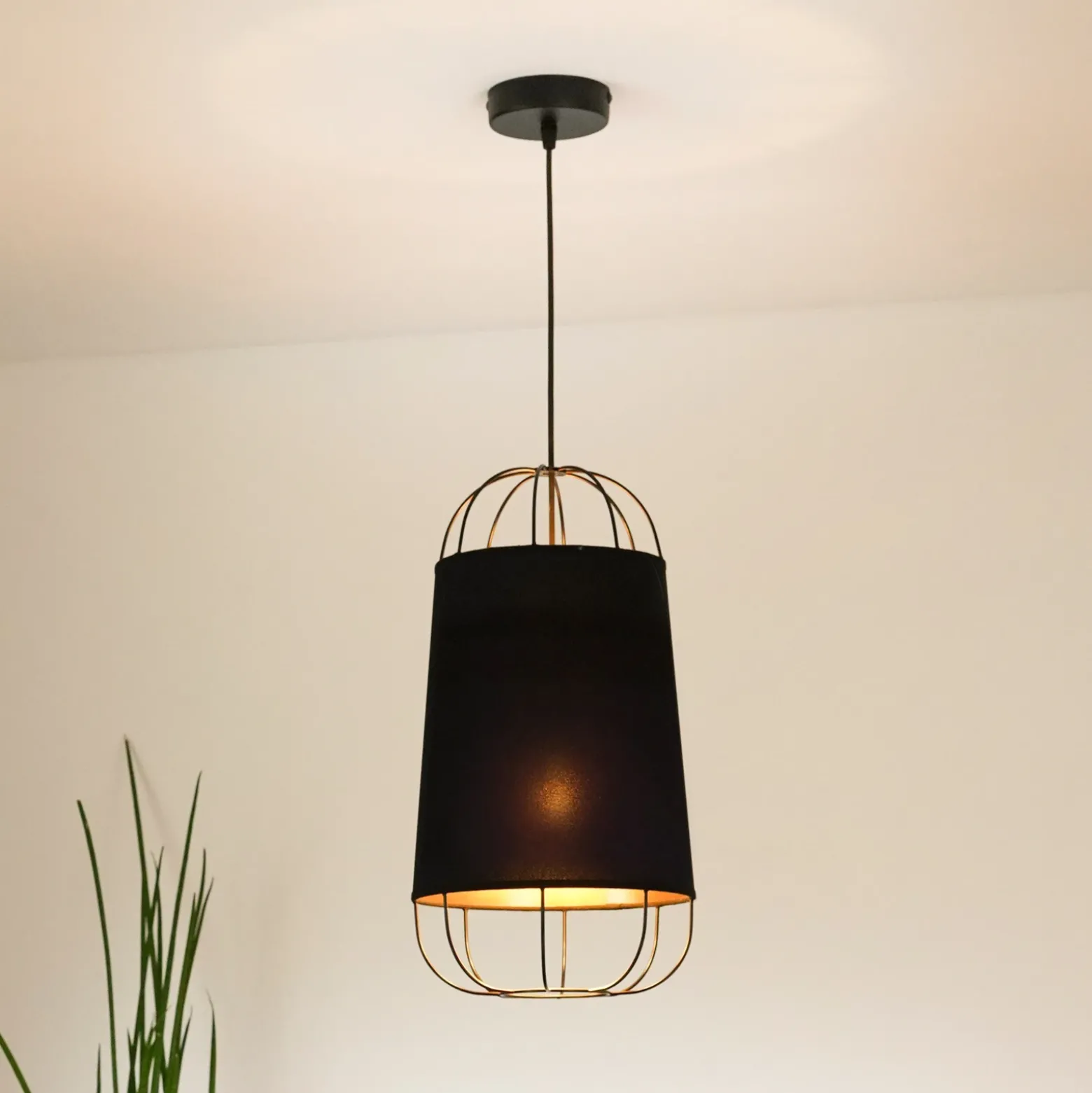 Lámpara colgante Lantern pequeña, textil, metal, negro