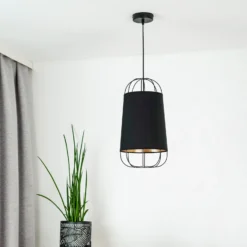 Lámpara colgante Lantern pequeña, textil, metal, negro