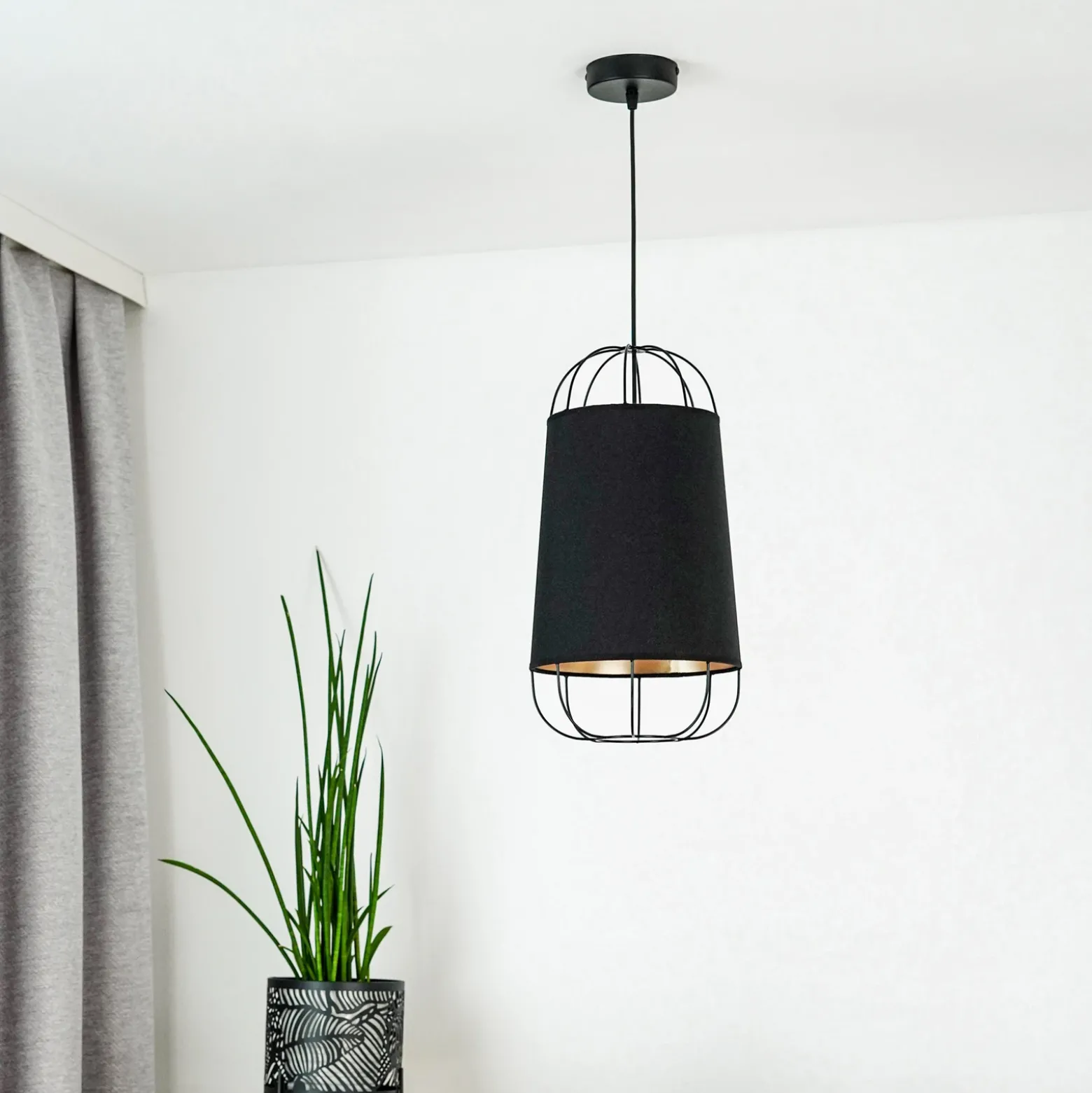Lámpara colgante Lantern pequeña, textil, metal, negro