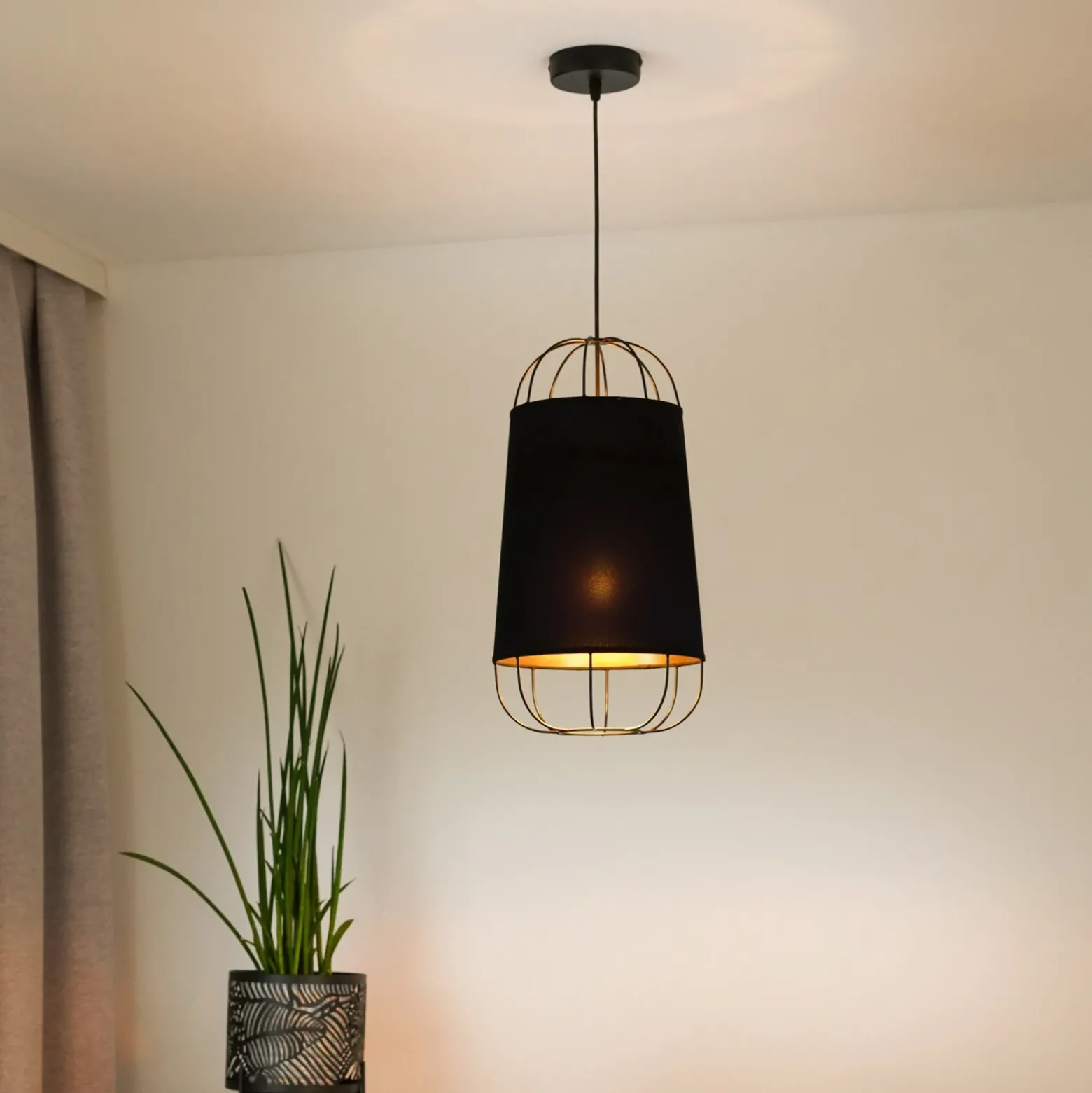 Lámpara colgante Lantern pequeña, textil, metal, negro