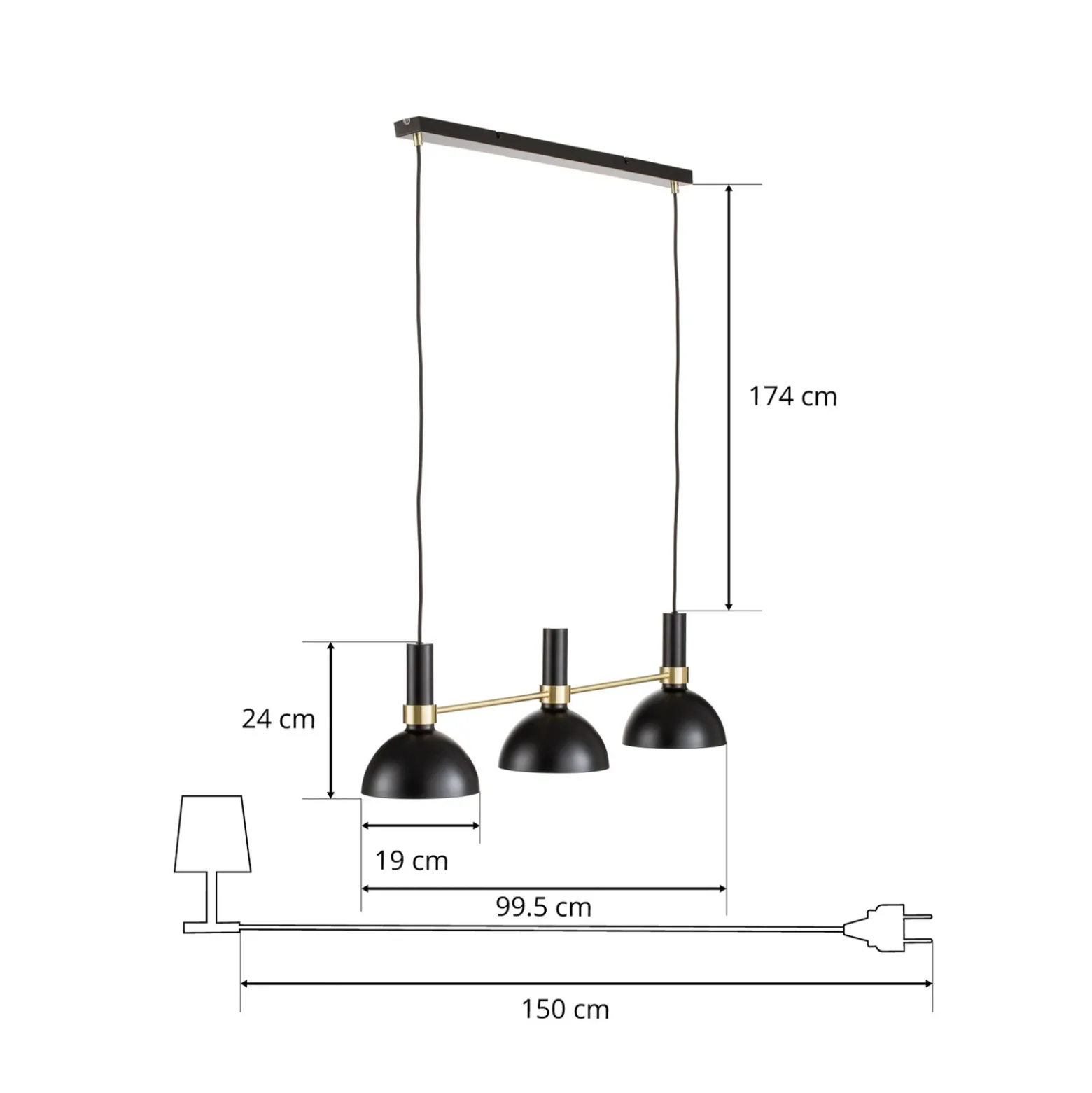 Lámpara colgante Larry en latón y negro, 3 luces