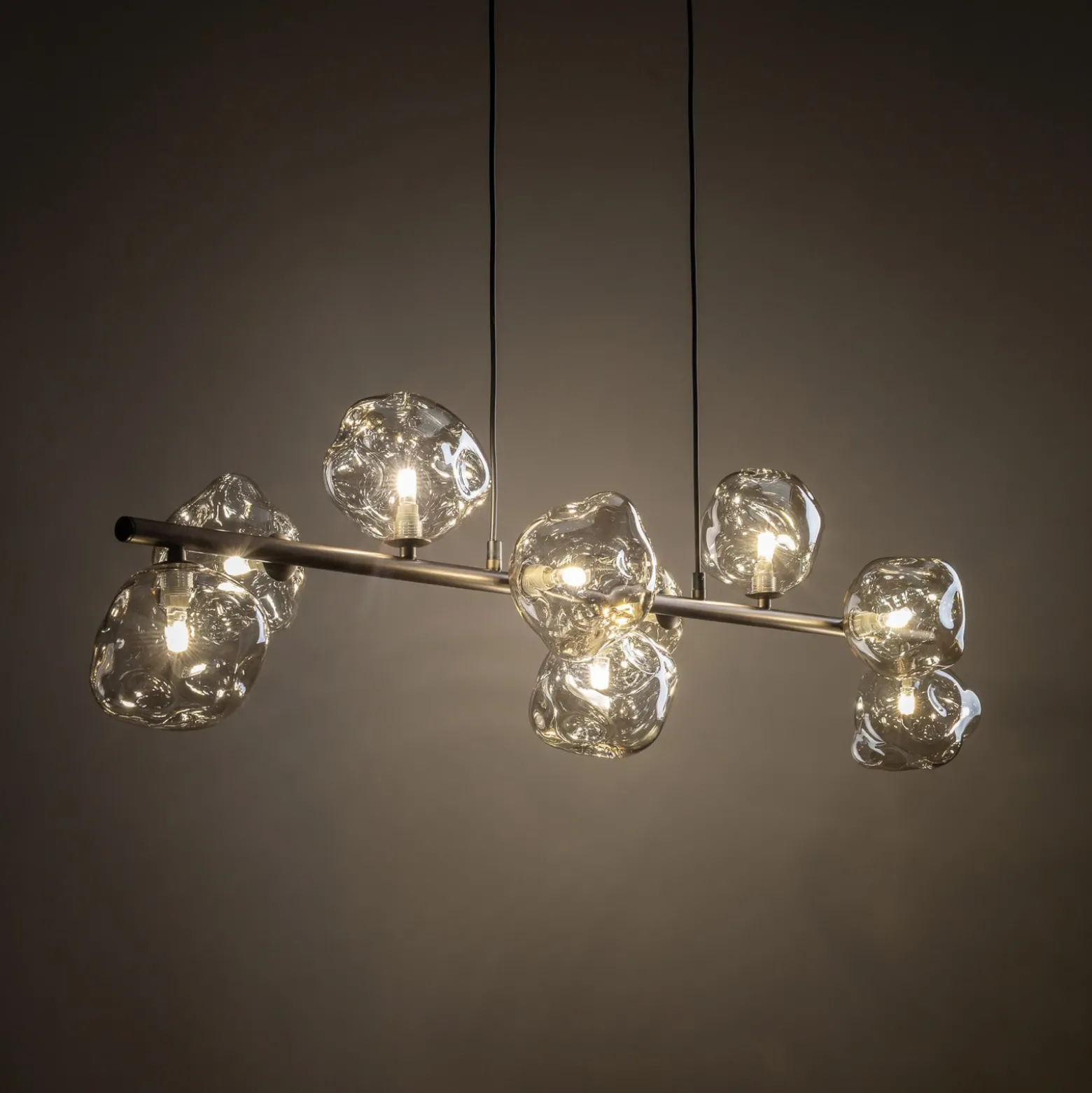 Lámpara colgante Lava, marrón, 9 luces, cristal, longitud 116 cm, G9