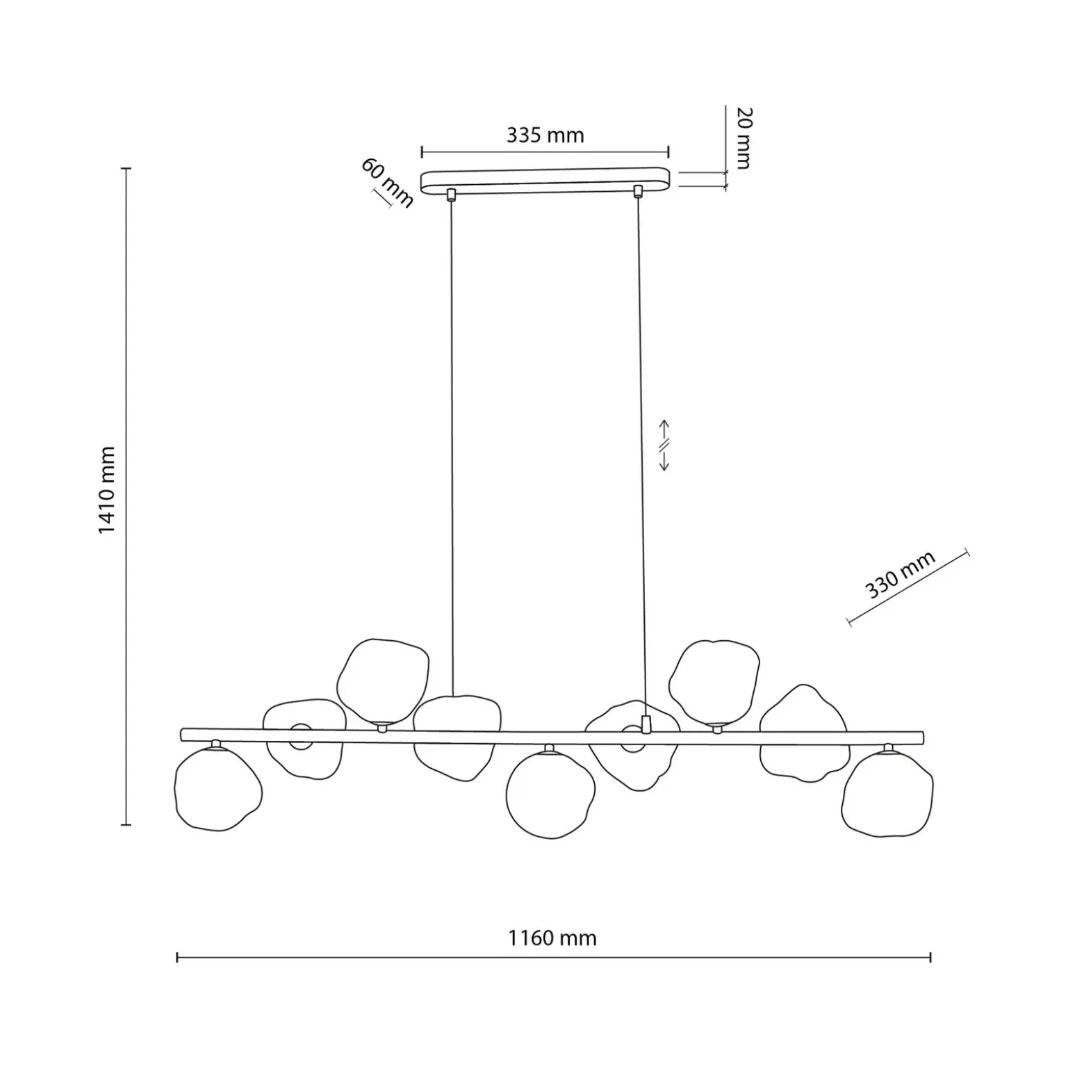 Lámpara colgante Lava, marrón, 9 luces, cristal, longitud 116 cm, G9