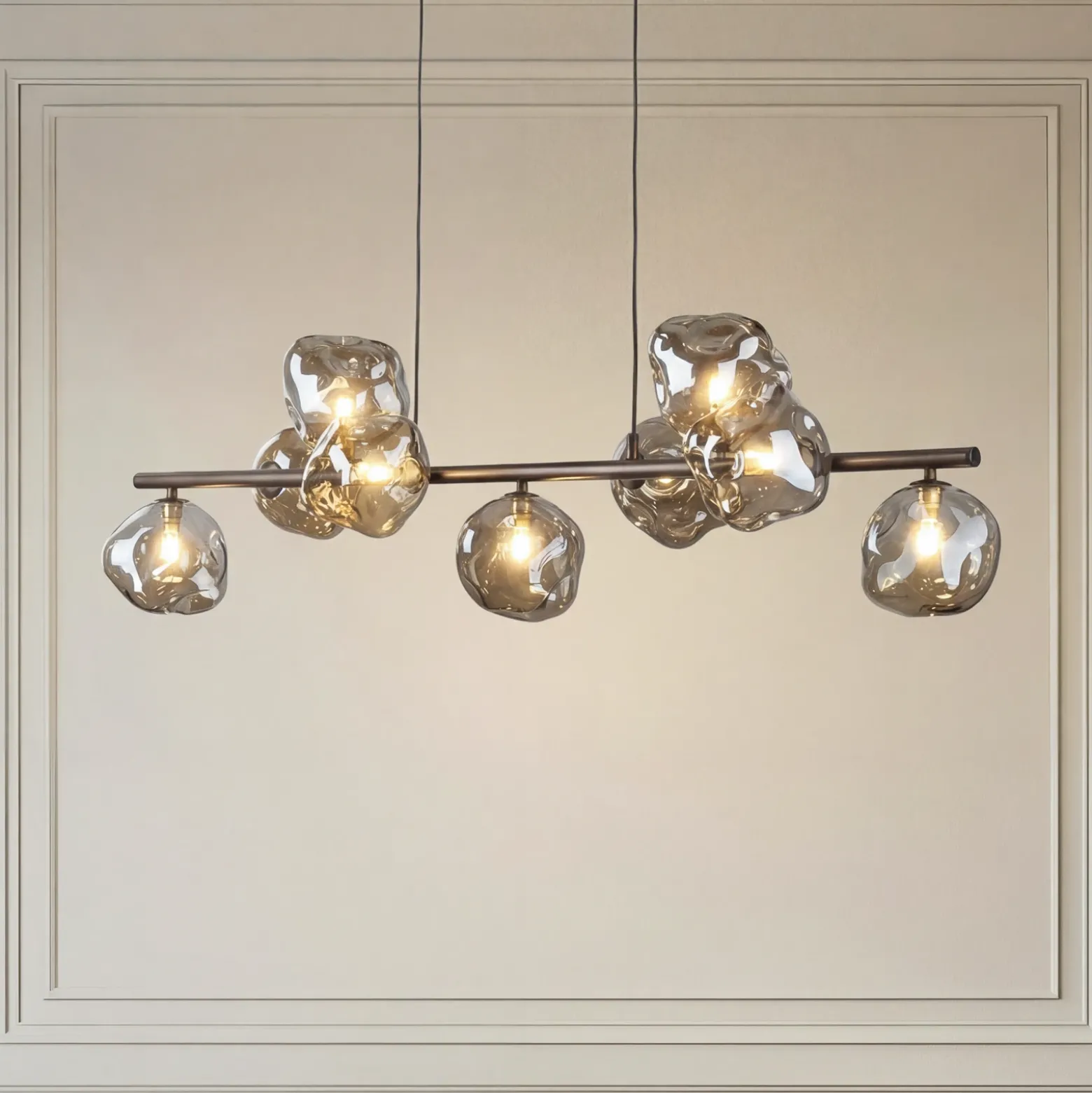 Lámpara colgante Lava, marrón, 9 luces, cristal, longitud 116 cm, G9