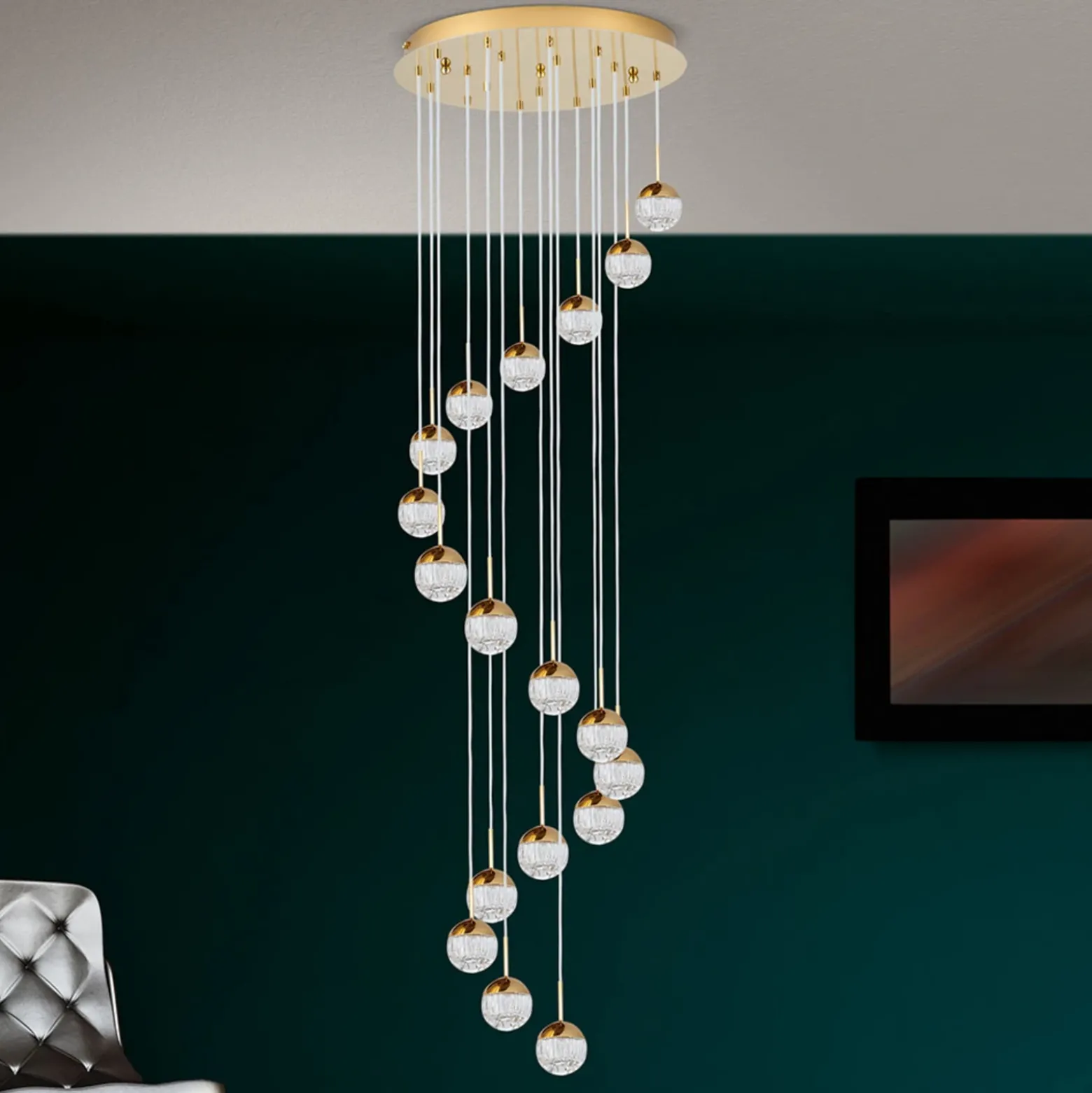 Lámpara colgante LED Ball 18 luces, oro/crema