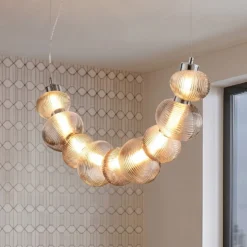 Lámpara colgante LED Bolla, cromada/gris humo, cristal, longitud 79,5 cm