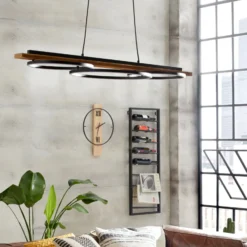 Lámpara colgante LED Boyal, marrón, longitud 101 cm, madera, 3 luces.