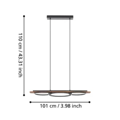 Lámpara colgante LED Boyal, marrón, longitud 101 cm, madera, 3 luces.