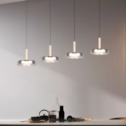Lámpara colgante LED Celeste cromo/madera 115 cm 4 luces de cristal atenuables