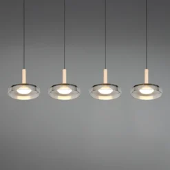 Lámpara colgante LED Celeste cromo/madera 115 cm 4 luces de cristal atenuables