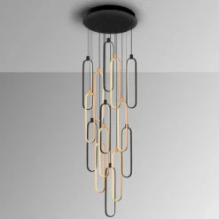 Lámpara colgante LED Colette, 14 lámparas, negro/oro rosa, redonda