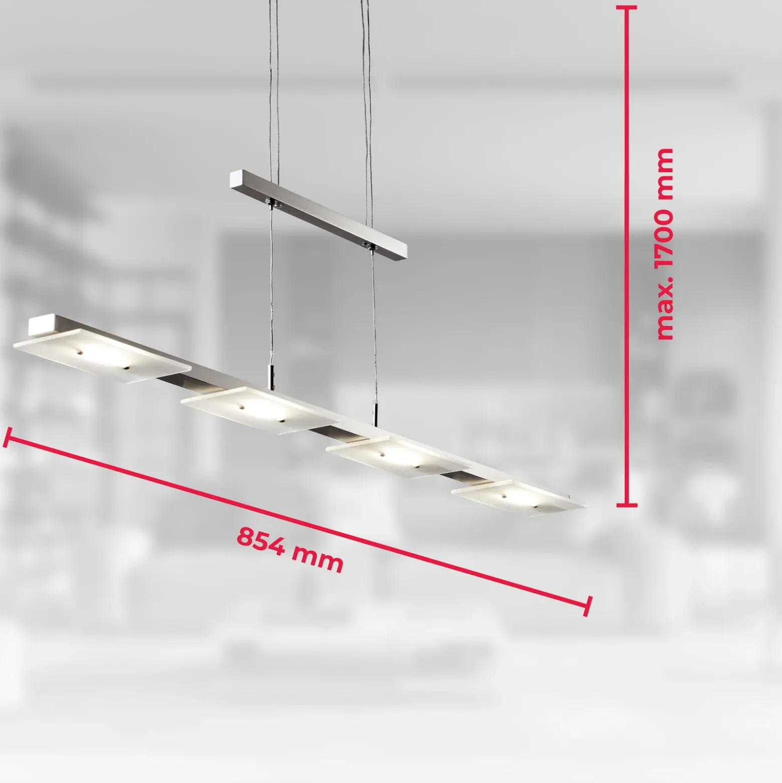 Lámpara colgante LED Dina, 4 luces, níquel, regulable en altura, 3000 K