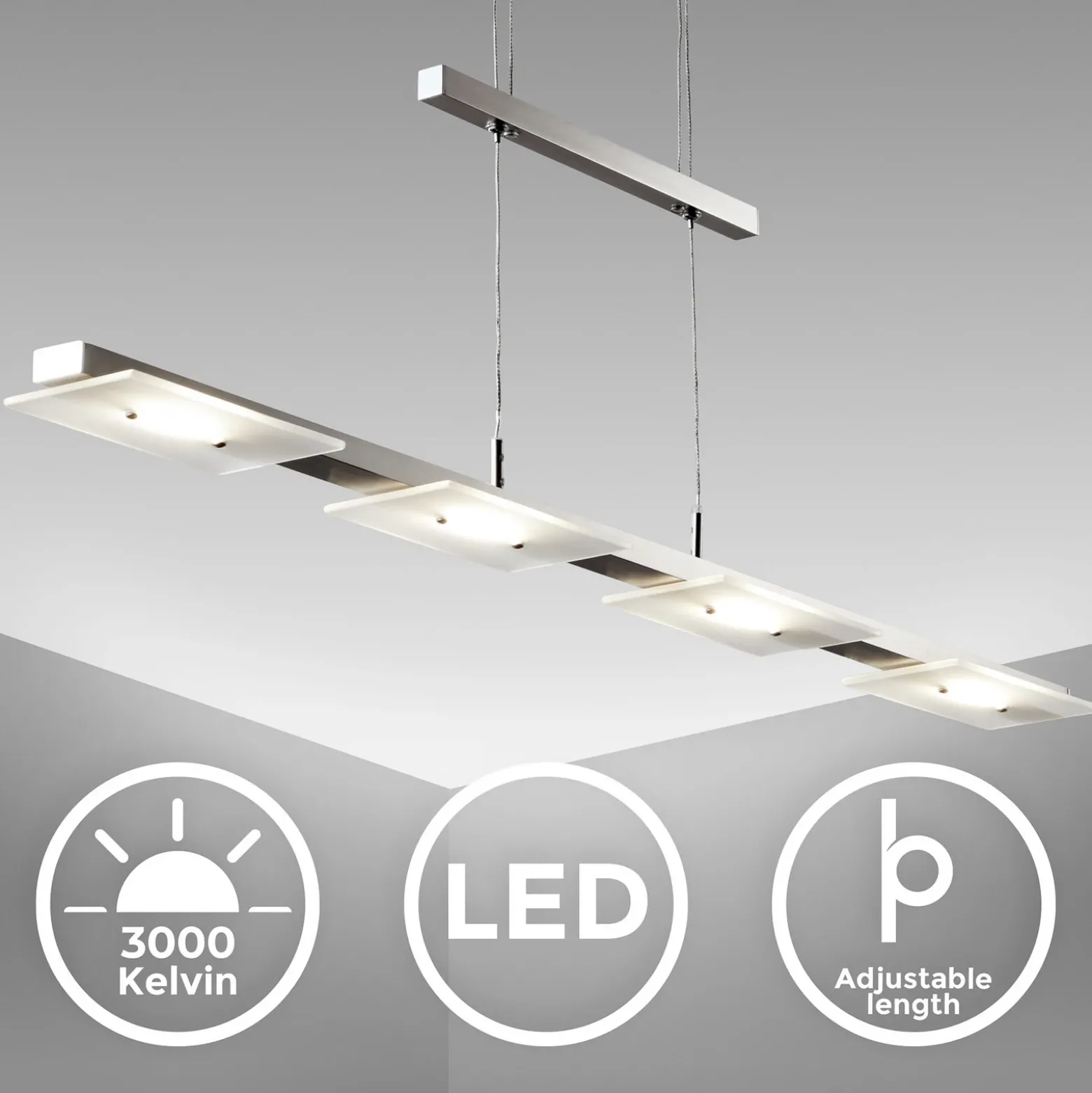 Lámpara colgante LED Dina, 4 luces, níquel, regulable en altura, 3000 K