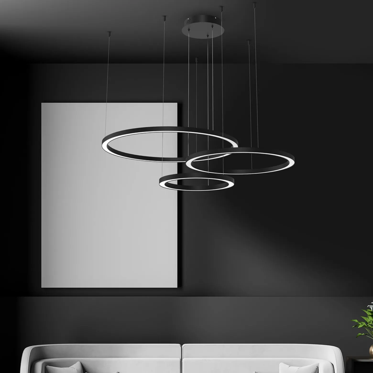 Lámpara colgante LED Galaxia, plástico, negra, 3 luces, 85 W