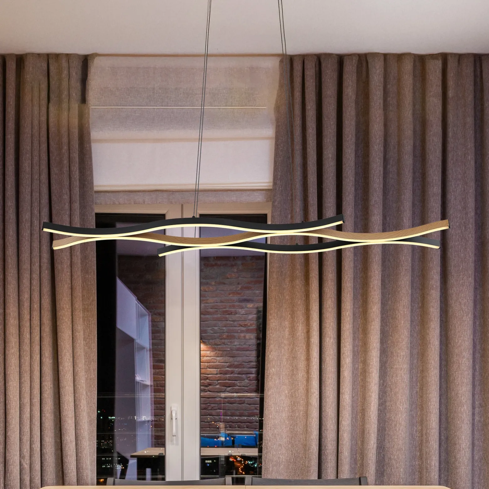 Lámpara colgante LED Geronimo, longitud 108 cm, negro/aspecto madera