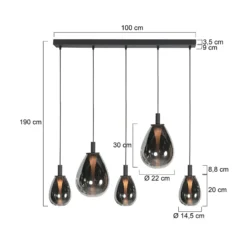 Lámpara colgante LED Glimsy, 115 cm, cristal negro/gris humo, 5 luces.