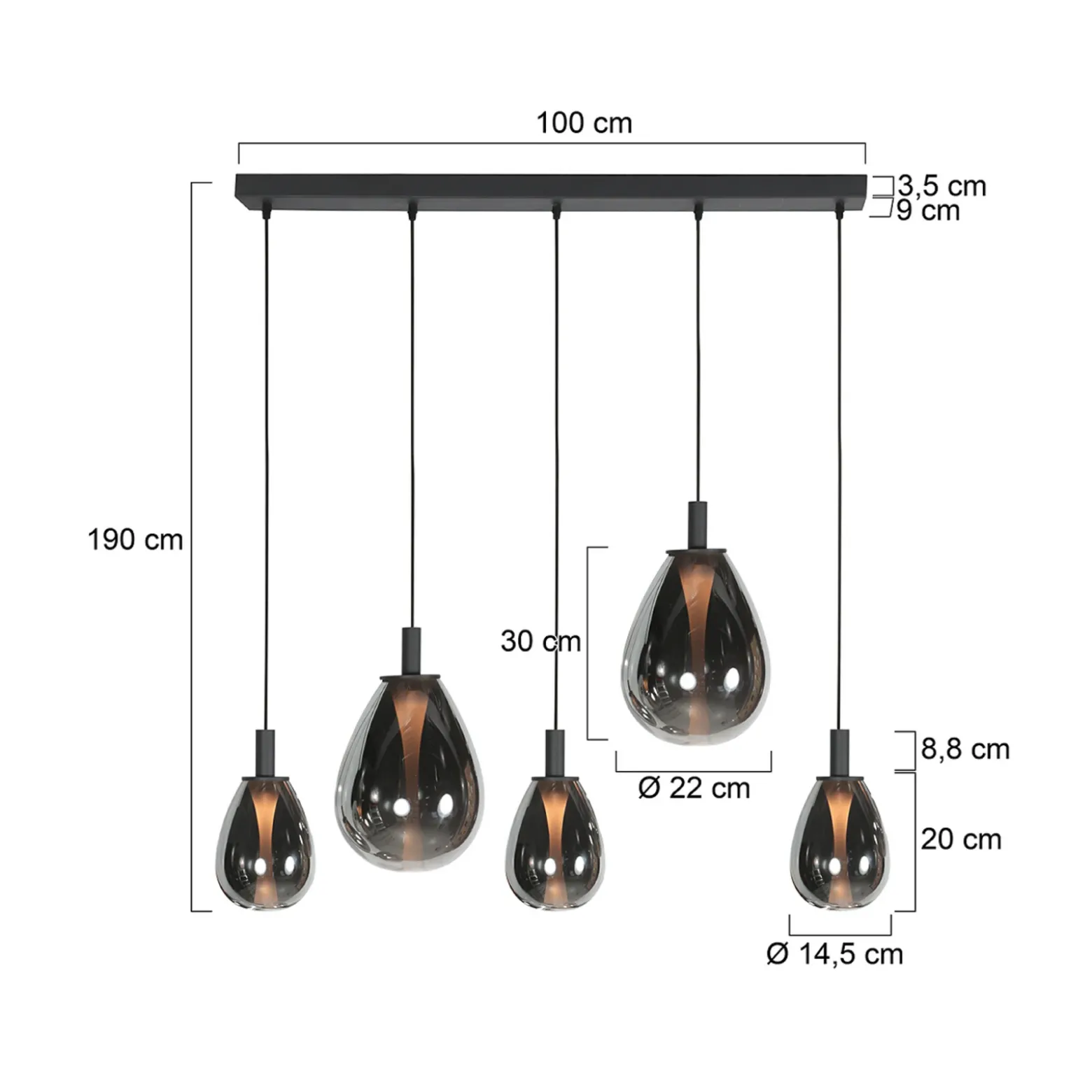 Lámpara colgante LED Glimsy, 115 cm, cristal negro/gris humo, 5 luces.