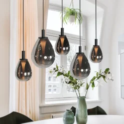 Lámpara colgante LED Glimsy, 115 cm, cristal negro/gris humo, 5 luces.