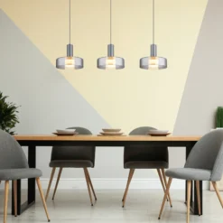 Lámpara colgante LED Grant, longitud 90 cm, gris humo, 3 luces, cristal