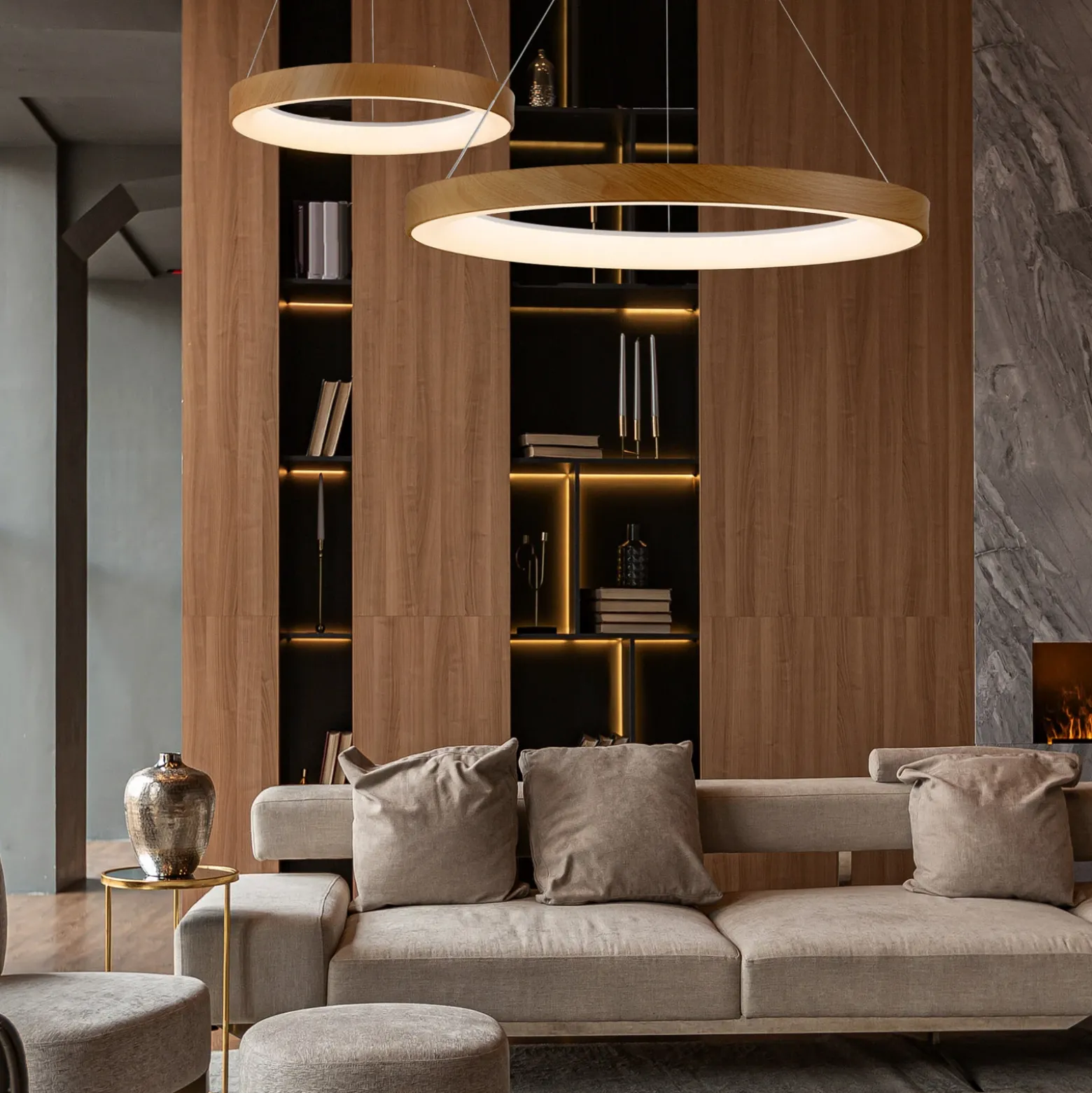 Lámpara colgante LED inteligente Niseko II, Ø 65 cm, color madera, CCT