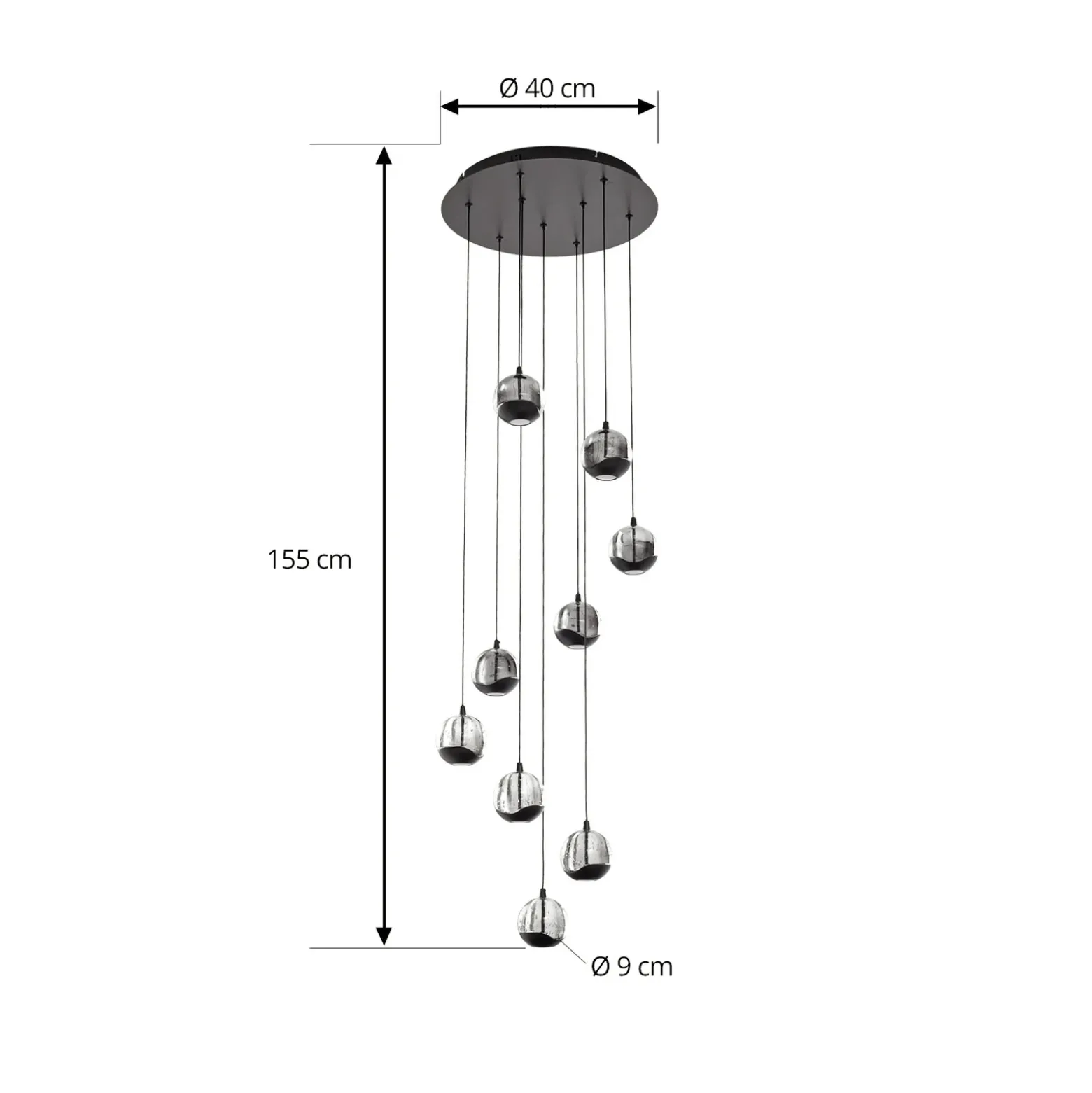 Lámpara colgante LED Lucande Hayley, negra, 9 luces, cristal