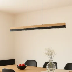 Lámpara colgante LED Lucande Holven, madera, CCT, longitud 113 cm