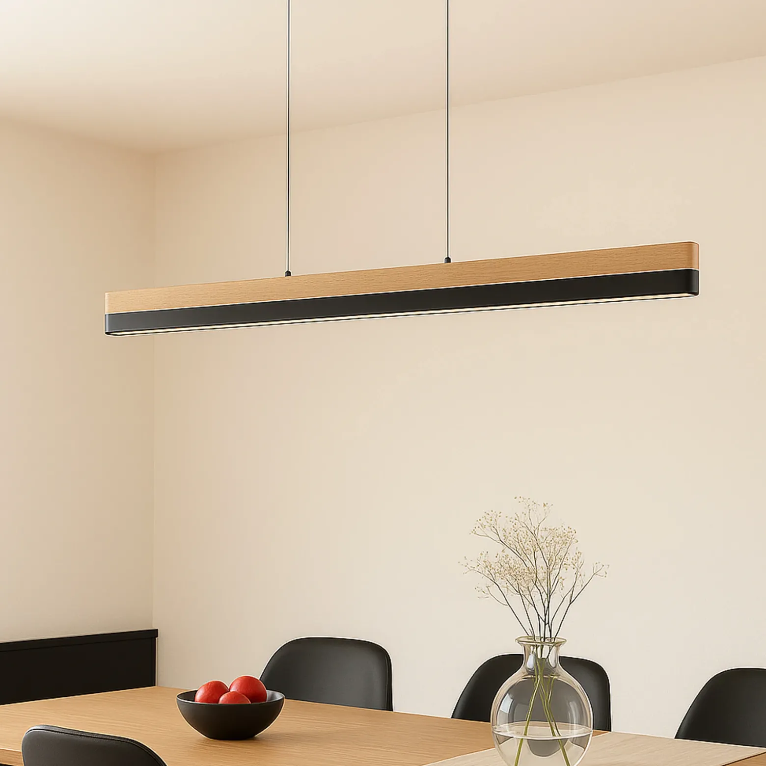 Lámpara colgante LED Lucande Holven, madera, CCT, longitud 113 cm