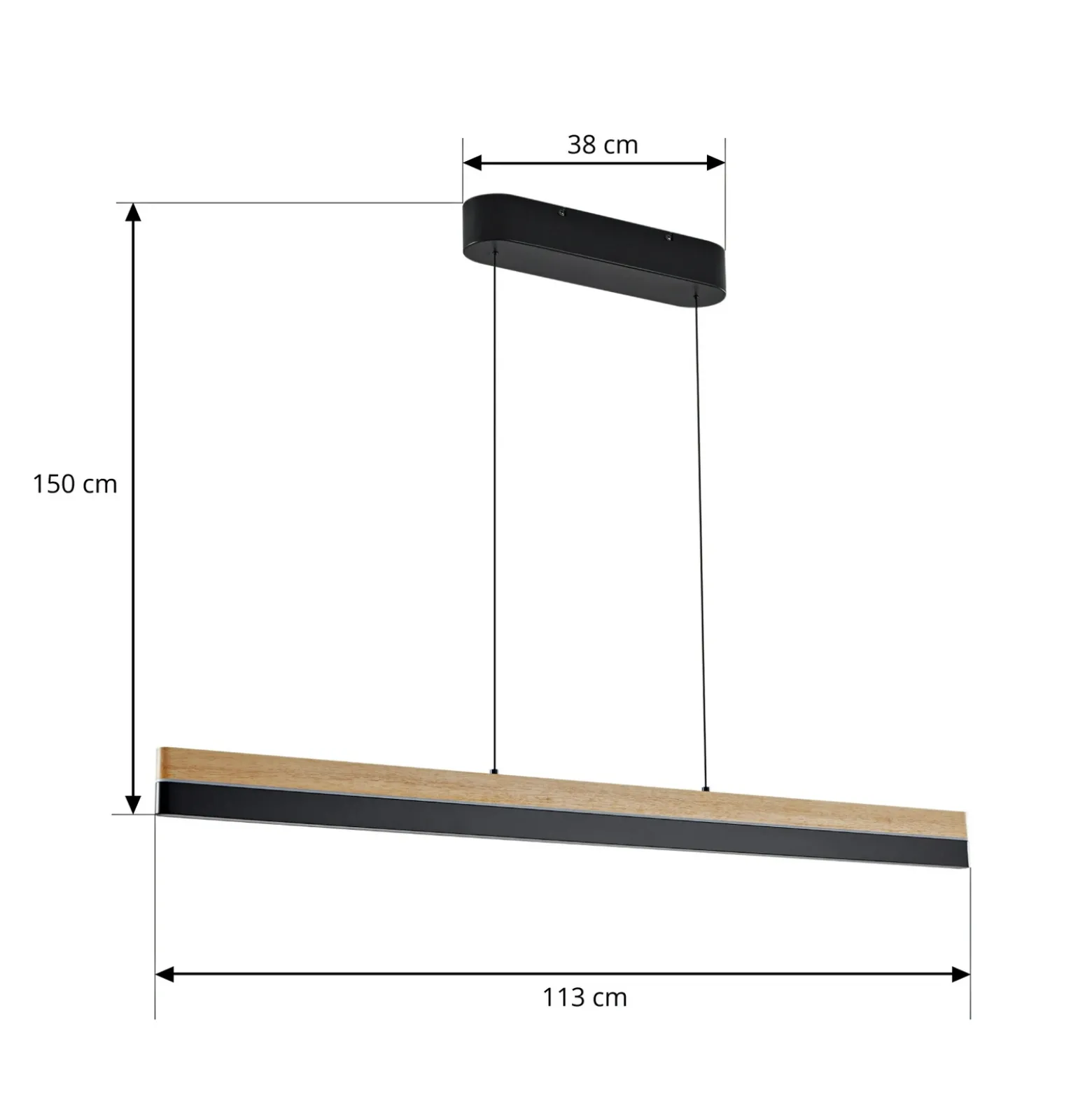 Lámpara colgante LED Lucande Holven, madera, CCT, longitud 113 cm