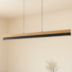 Lámpara colgante LED Lucande Holven, madera, CCT, longitud 113 cm