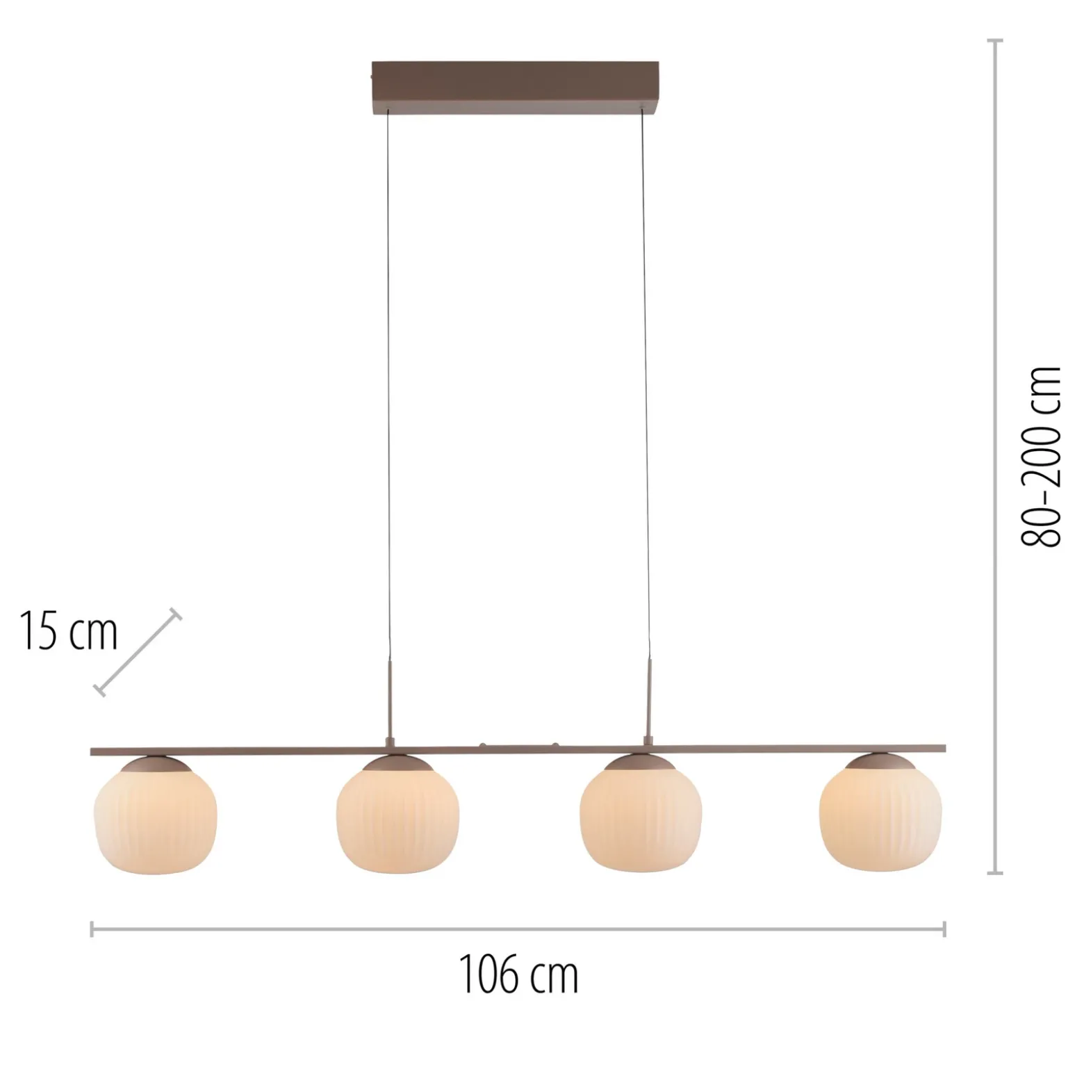 Lámpara colgante LED Nami, 4 luces, modelo largo, color arena, blanco, cristal,