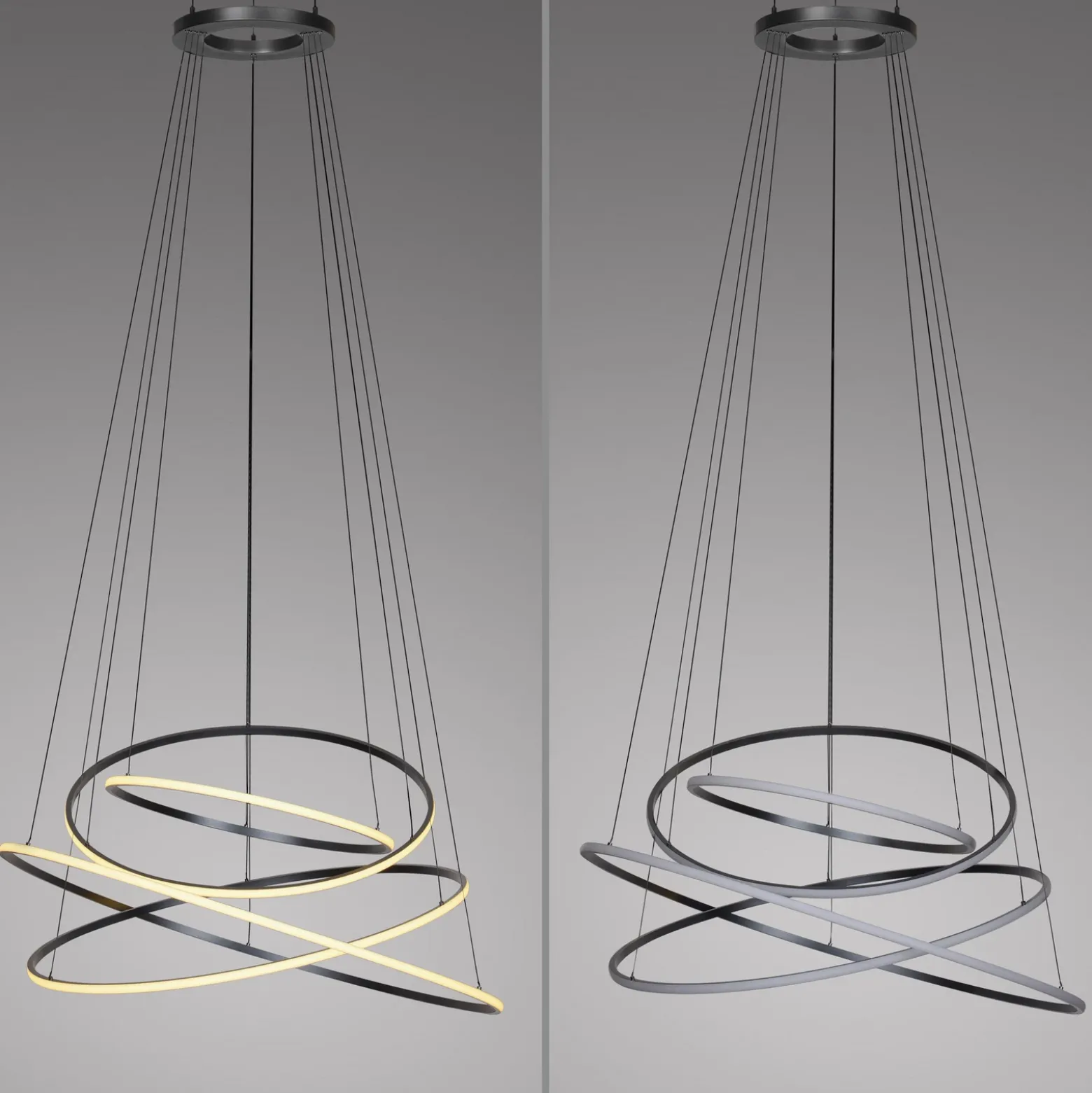 Lámpara colgante LED PURE E-Flying Rings, gris místico, Ø110 cm, CCT