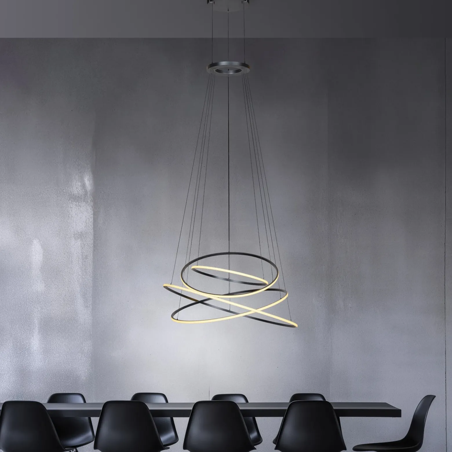 Lámpara colgante LED PURE E-Flying Rings, gris místico, Ø110 cm, CCT