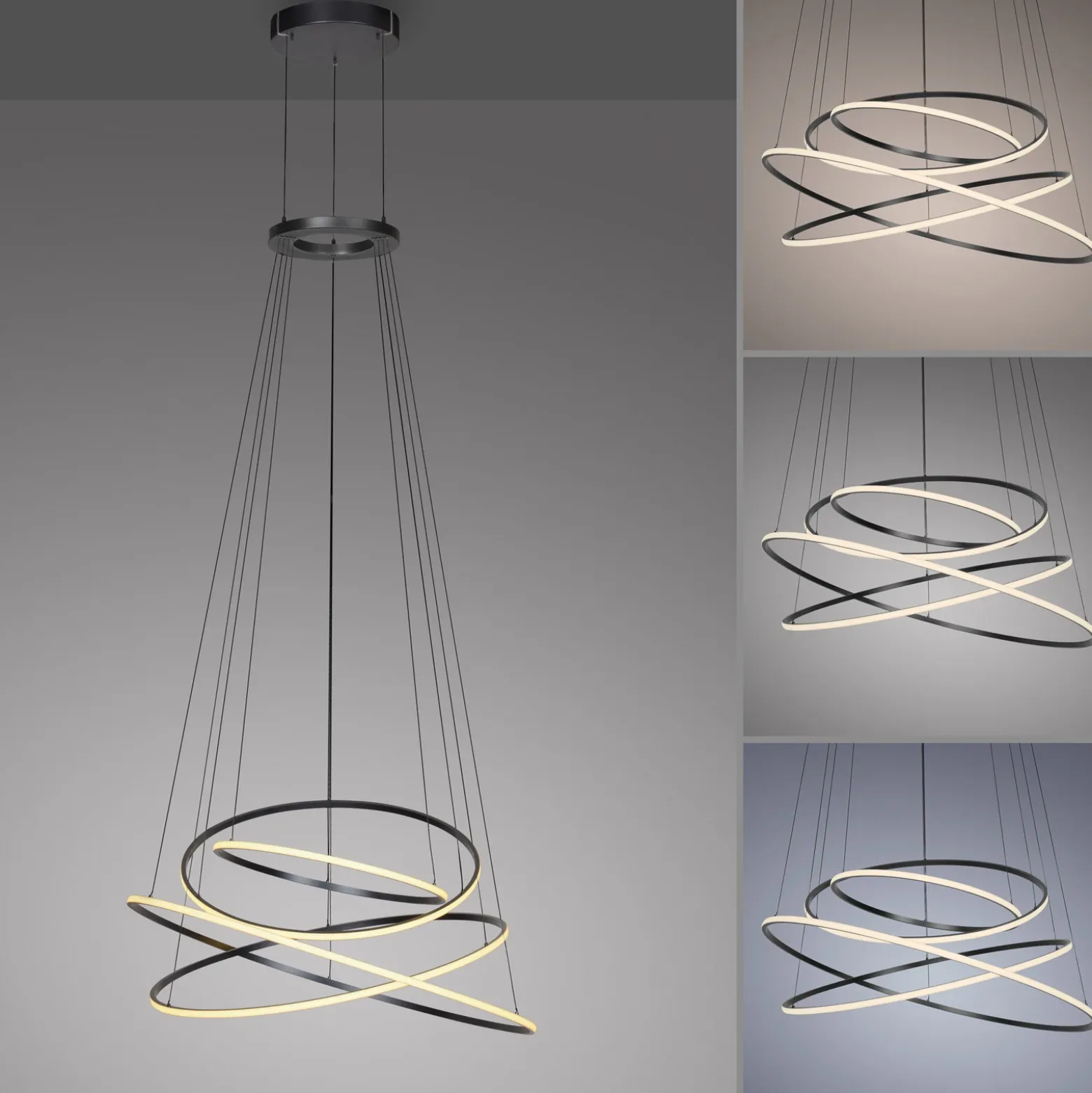 Lámpara colgante LED PURE E-Flying Rings, gris místico, Ø110 cm, CCT