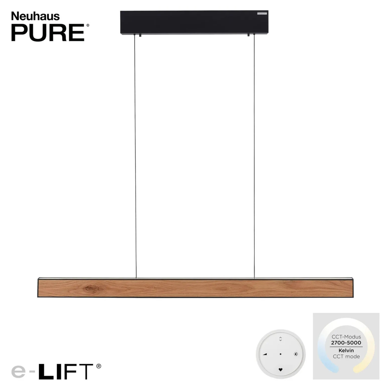 lámpara colgante LED PURE E-Motion, roble/perla negra, CCT