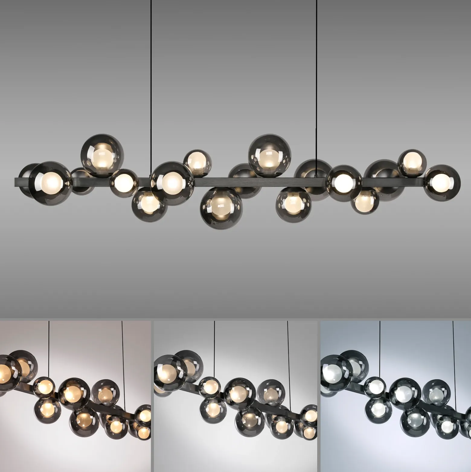 lámpara colgante LED PURE E-Popup, platino, cristal, CCT, 18 lámparas.