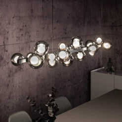 lámpara colgante LED PURE E-Popup, platino, cristal, CCT, 18 lámparas.
