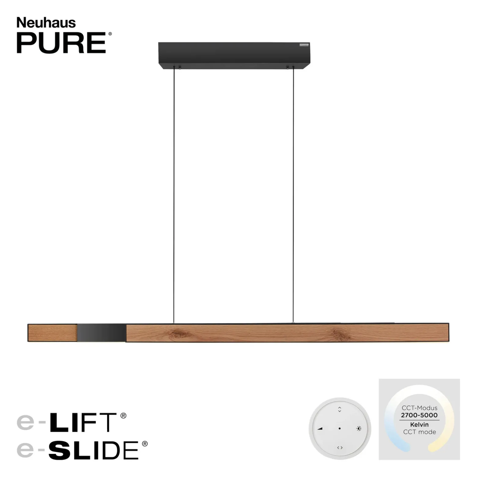 Lámpara colgante LED PURE Moto-Rise, roble/perla negra, aluminio, CCT