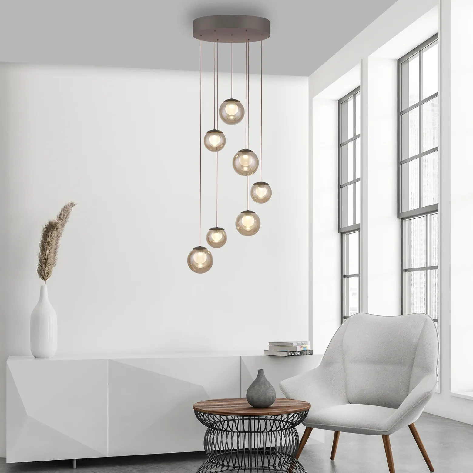 Lámpara colgante LED PURE Popup, bronce/ámbar, Ø 40 cm, 7 luces