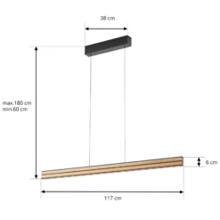 Lámpara colgante LED Quitani Lisene, roble/negro, CCT, 117 cm, atenuable.