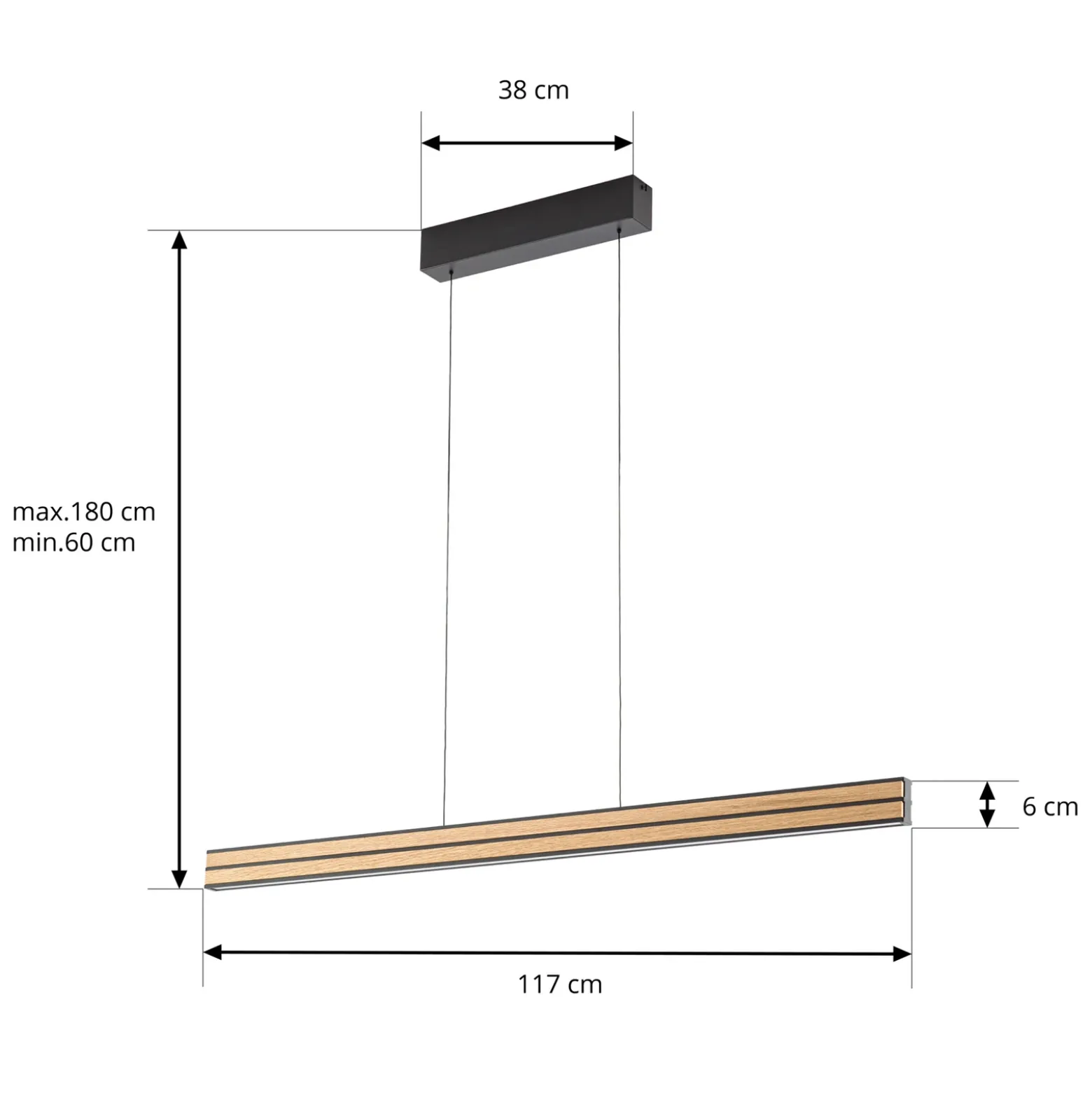 Lámpara colgante LED Quitani Lisene, roble/negro, CCT, 117 cm, atenuable.